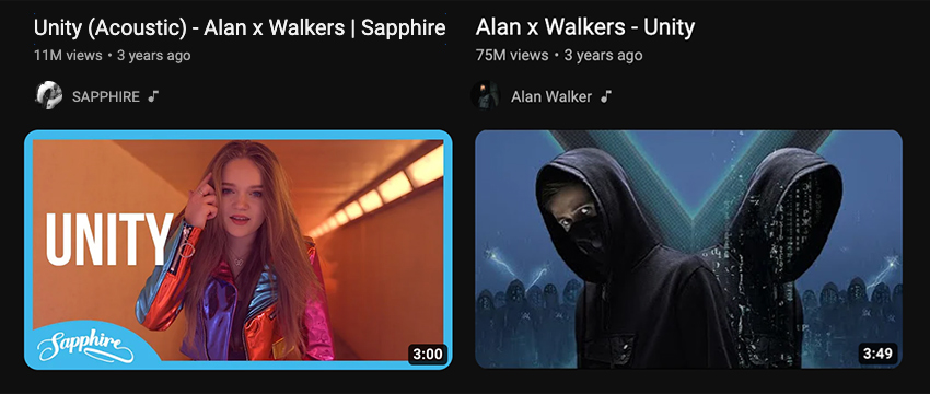 YouTube search results showing SAPPHIRE and Alan Walker's collaborative track, Unity, with over 100 million streams